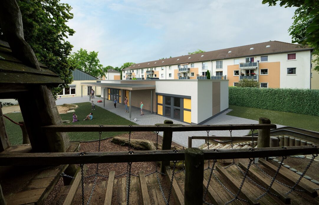 Spielplatz mit Visualisierung des Neubaus des Familienzentrums im Hintergrund. Dahinter bestehende Wohnhäuser.