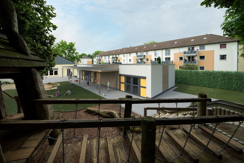 Spielplatz mit Visualisierung des Neubaus des Familienzentrums im Hintergrund. Dahinter bestehende Wohnhäuser.