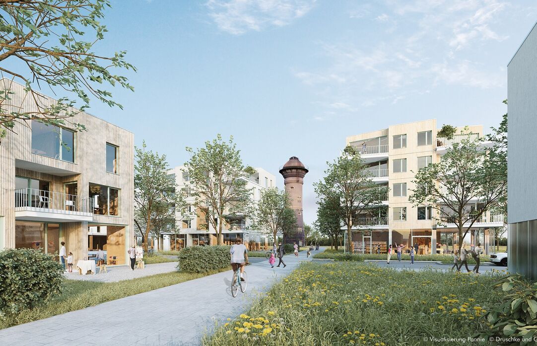 Visualisierung des Quartiers Am Wasserturm in Wedau: Zwei- bis viergeschossige, teils holzverkleidete Häuser, dazwischen Blumenwiesen und Gehwege. Menschen sind unterwegs, im Hintergrund ragt der Wasserturm empor.