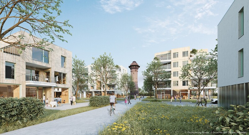Visualisierung des Quartiers Am Wasserturm in Wedau: Zwei- bis viergeschossige, teils holzverkleidete Häuser, dazwischen Blumenwiesen und Gehwege. Menschen sind unterwegs, im Hintergrund ragt der Wasserturm empor.