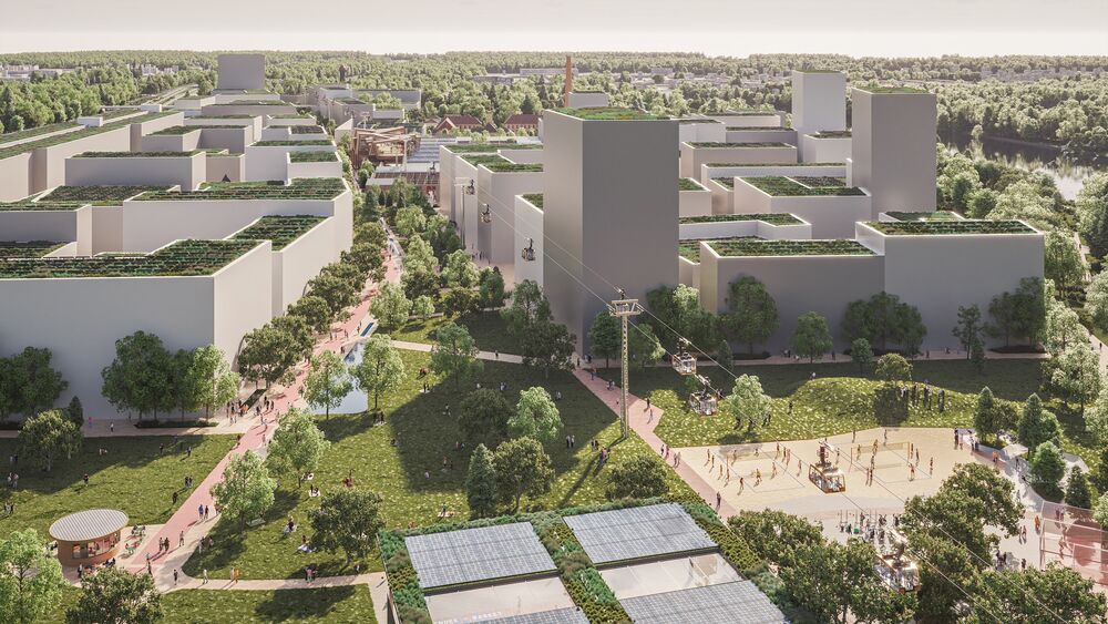 Zu sehen ist eine Vision des Projekts "Urbane Seilbahn", welches von der GEBAG auf der Cable Car World Messe 2024 vorgestellt wird. Die Seilbahn führt durch mehrere Quartiere durch.