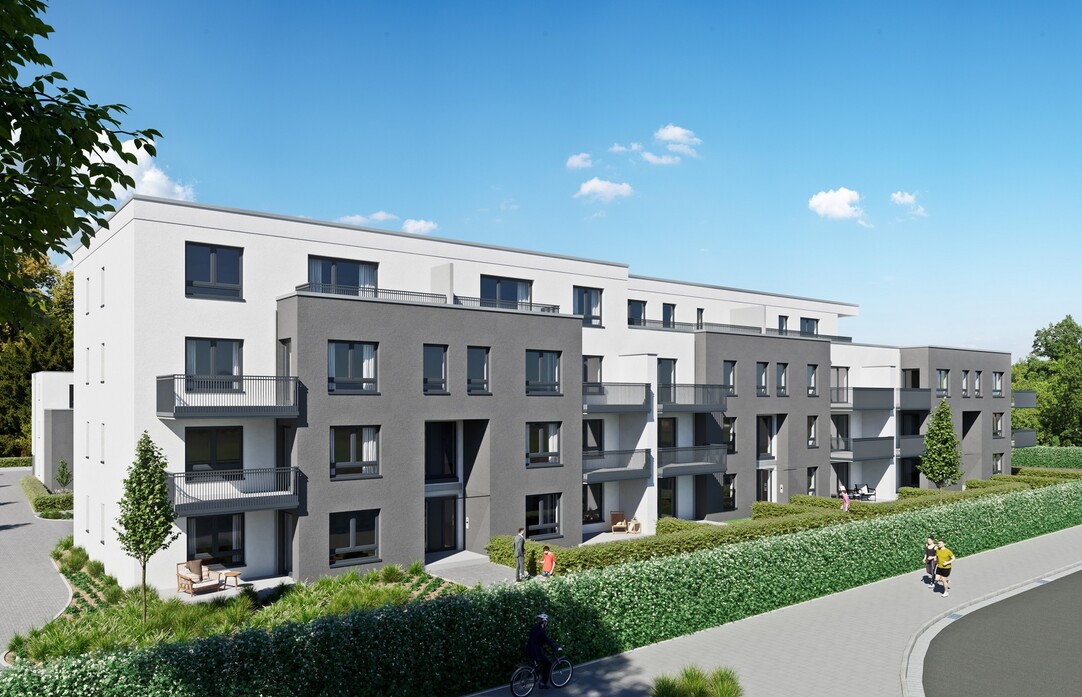 Das Bild zeigt eine Vision des Projekts in den Peschen von vorne. Zu sehen ist ein Mehrfamilienhaus in den Farben grau und weiß. 