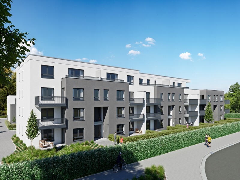 Das Bild zeigt eine Vision des Projekts in den Peschen von vorne. Zu sehen ist ein Mehrfamilienhaus in den Farben grau und weiß. 