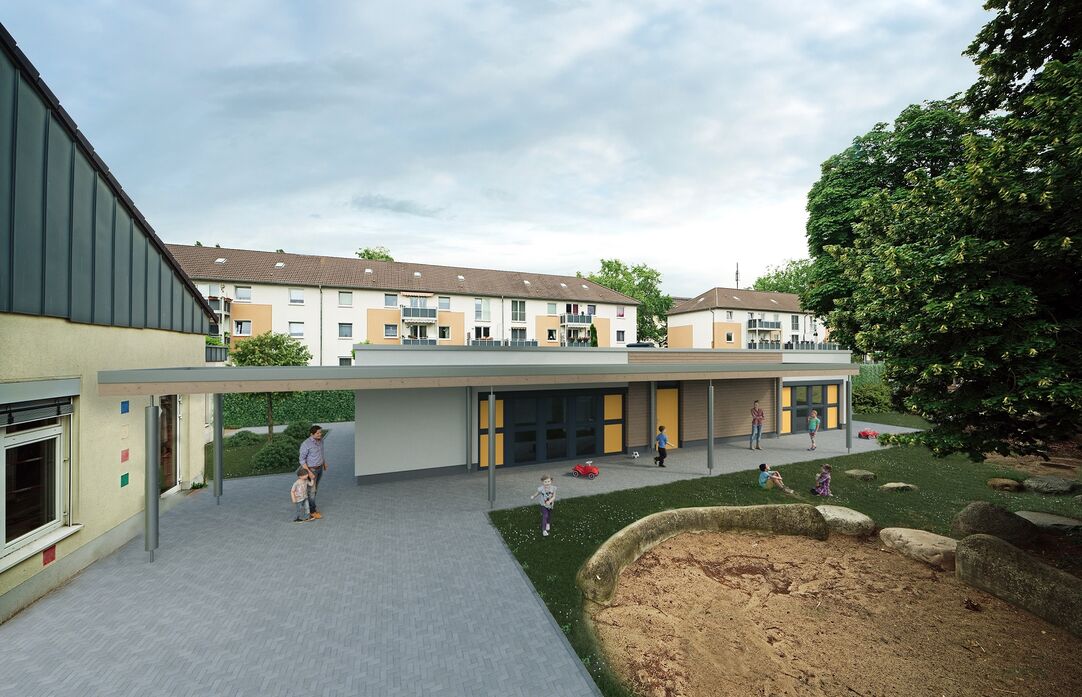 Visualisierung des Anbaus des Familienzentrums in der Kaufstraße, rechts eine Spielfläche.