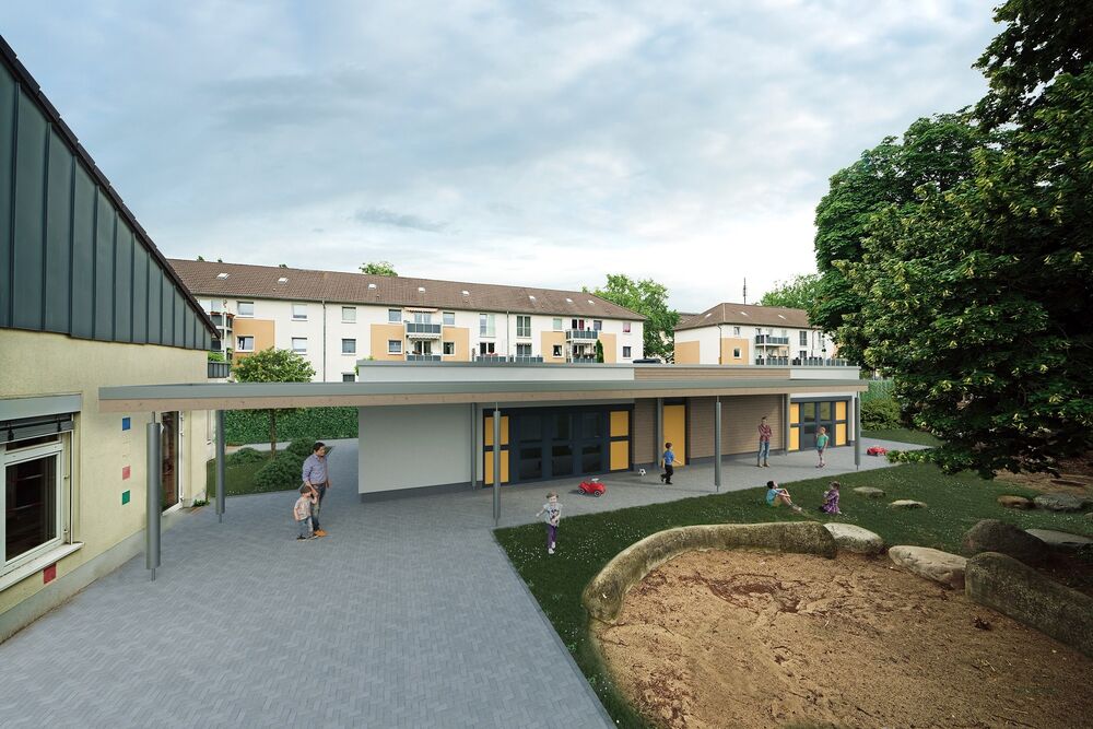 Visualisierung des Anbaus des Familienzentrums in der Kaufstraße, rechts eine Spielfläche.