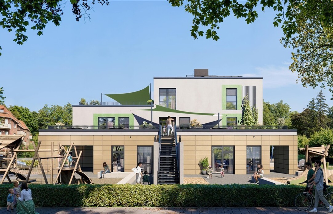 Visualisierung einer modernen, zweistöckigen Kita mit Spielplatz im Außenbereich und Personen.