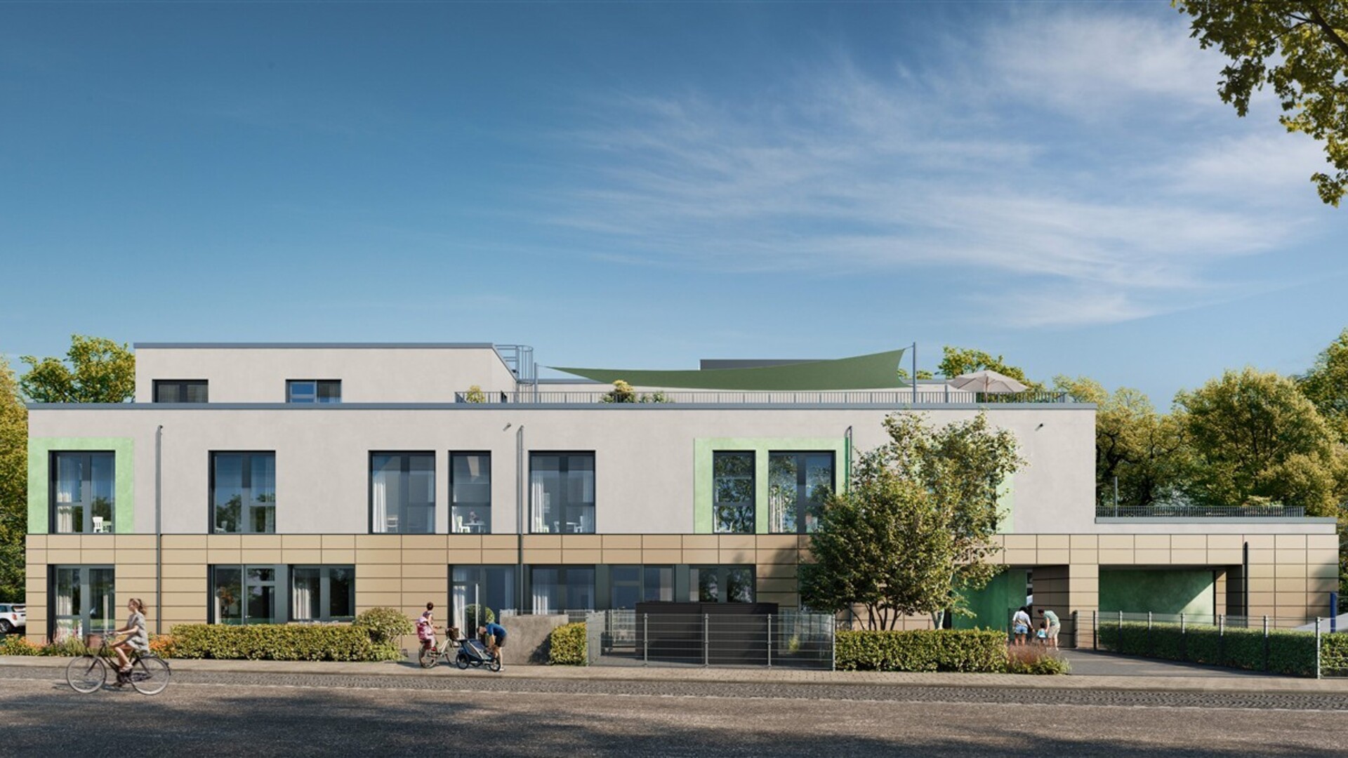 Visualisierung einer zweistöckigen Kita mit beiger und grauer Fassade, großen Fenstern und Sonnensegel auf der Dachterrasse.