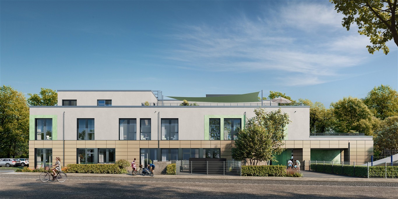 Visualisierung einer zweistöckigen Kita mit beiger und grauer Fassade, großen Fenstern und Sonnensegel auf der Dachterrasse.